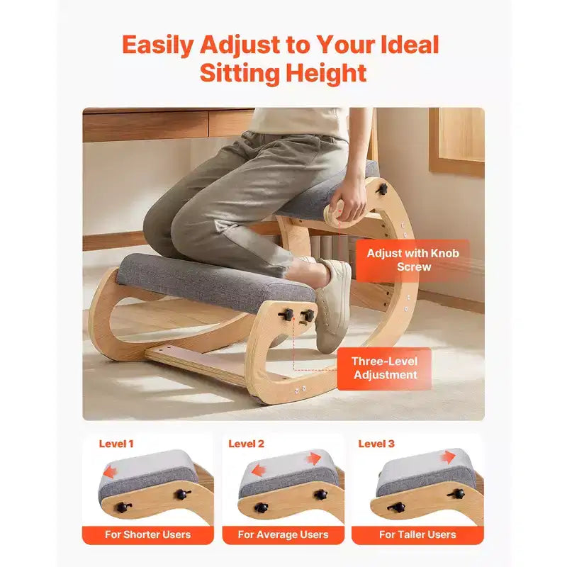Chaise ergonomique à genoux, chaise à genoux posturale en bois avec coussins épais en mousse réglables et cadre en bois massif, hauteur réglable, gris