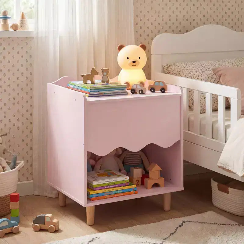 Table de chevet enfant, table d'appoint festonnée pour tout-petits avec plateau large et compartiment ouvert Rose/Blanc