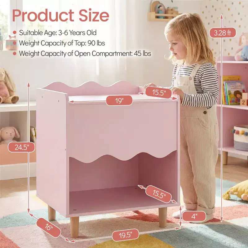 Table de chevet enfant, table d'appoint festonnée pour tout-petits avec plateau large et compartiment ouvert Rose/Blanc