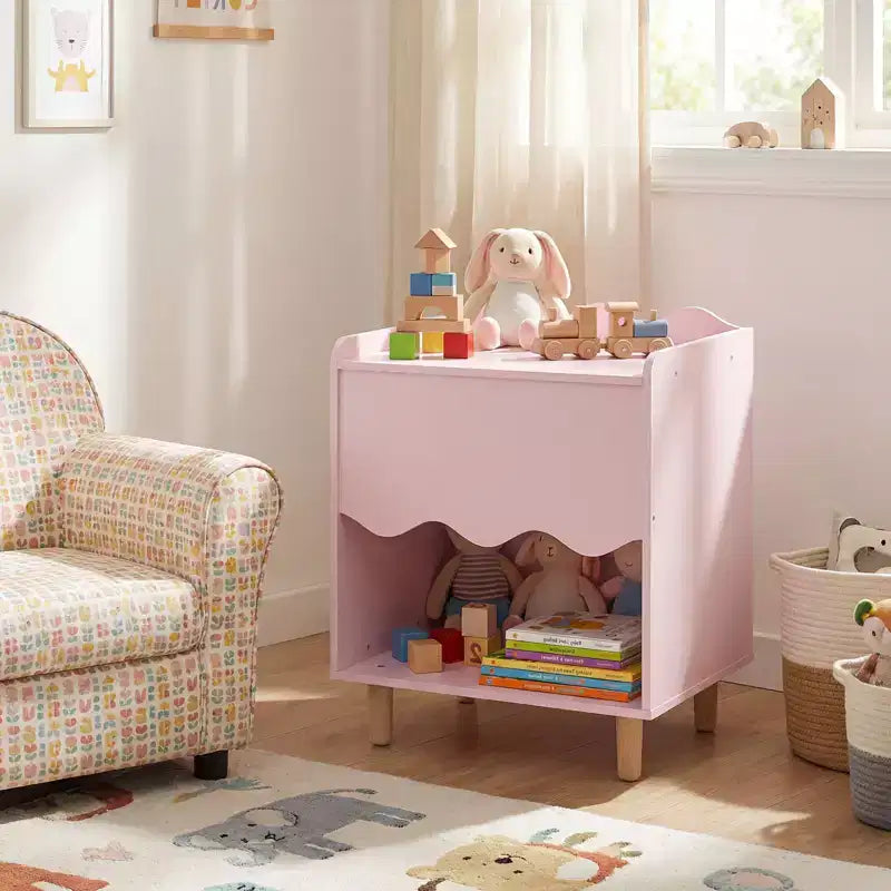 Table de chevet enfant, table d'appoint festonnée pour tout-petits avec plateau large et compartiment ouvert Rose/Blanc