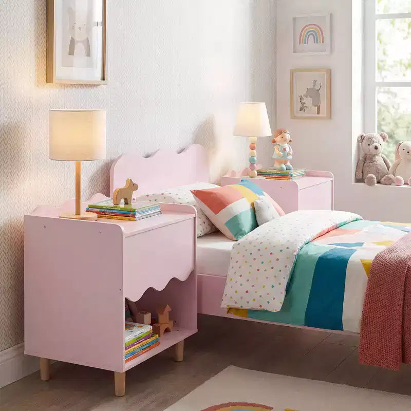 Table de chevet enfant, table d'appoint festonnée pour tout-petits avec plateau large et compartiment ouvert Rose/Blanc