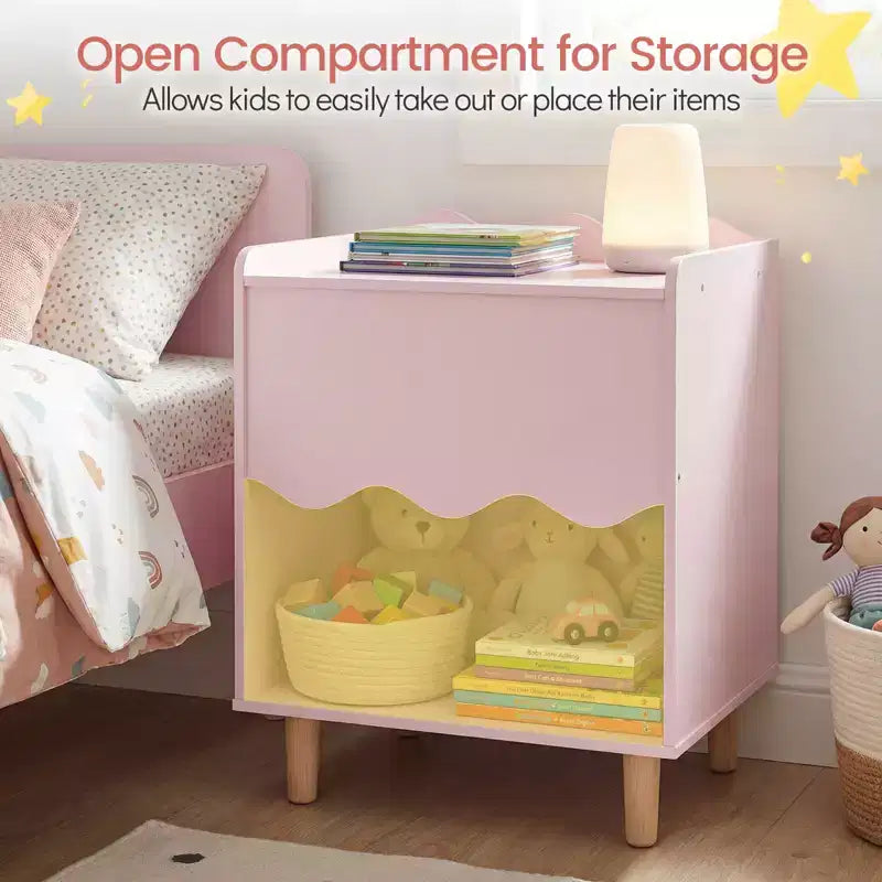 Table de chevet enfant, table d'appoint festonnée pour tout-petits avec plateau large et compartiment ouvert Rose/Blanc