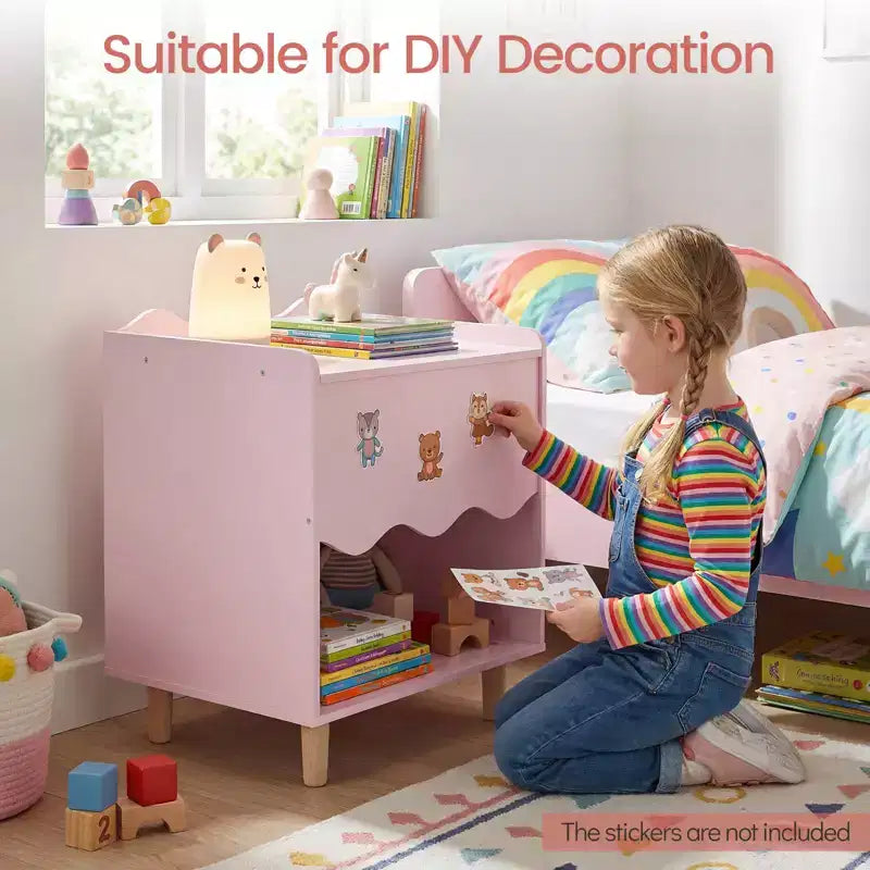 Table de chevet enfant, table d'appoint festonnée pour tout-petits avec plateau large et compartiment ouvert Rose/Blanc