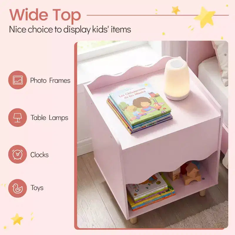 Table de chevet enfant, table d'appoint festonnée pour tout-petits avec plateau large et compartiment ouvert Rose/Blanc