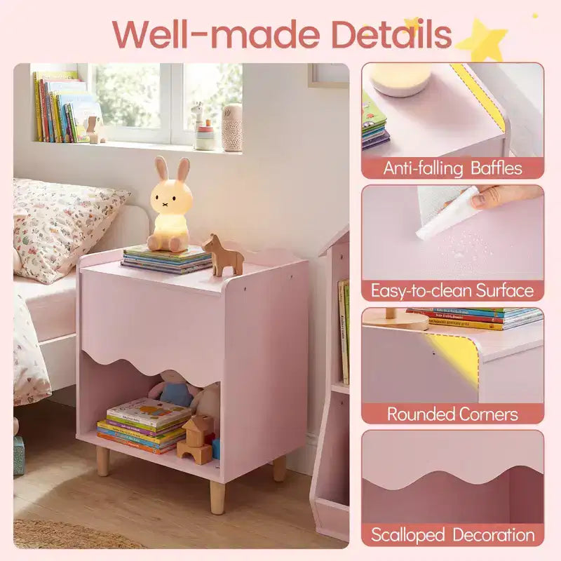 Table de chevet enfant, table d'appoint festonnée pour tout-petits avec plateau large et compartiment ouvert Rose/Blanc