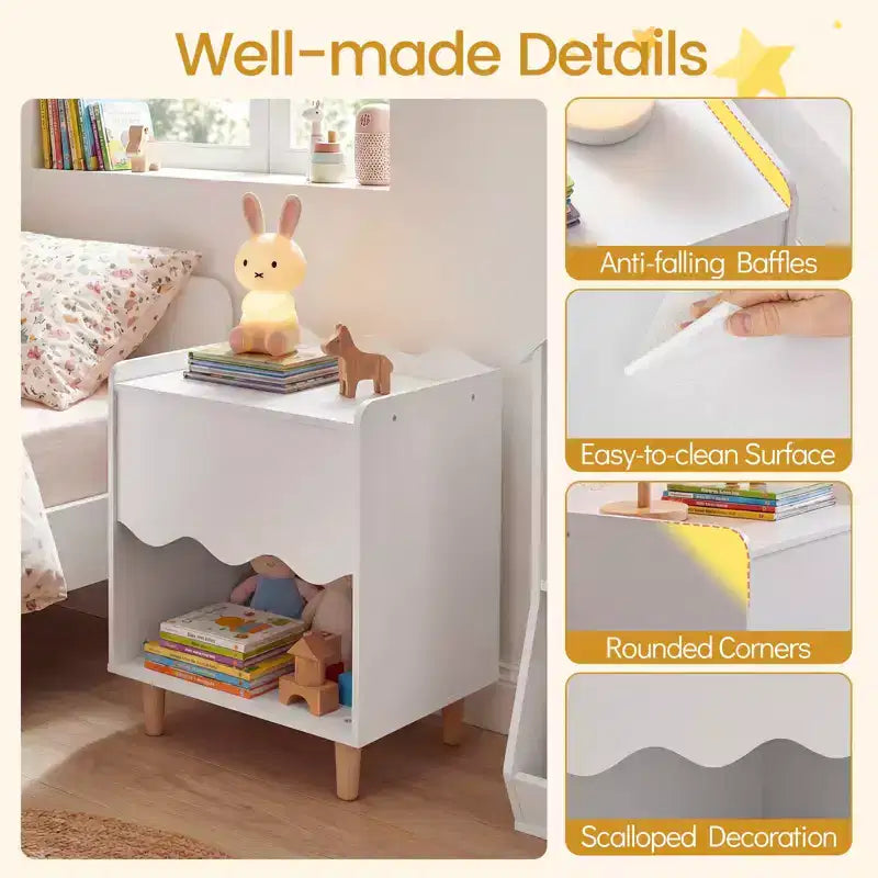 Table de chevet enfant, table d'appoint festonnée pour tout-petits avec plateau large et compartiment ouvert Rose/Blanc