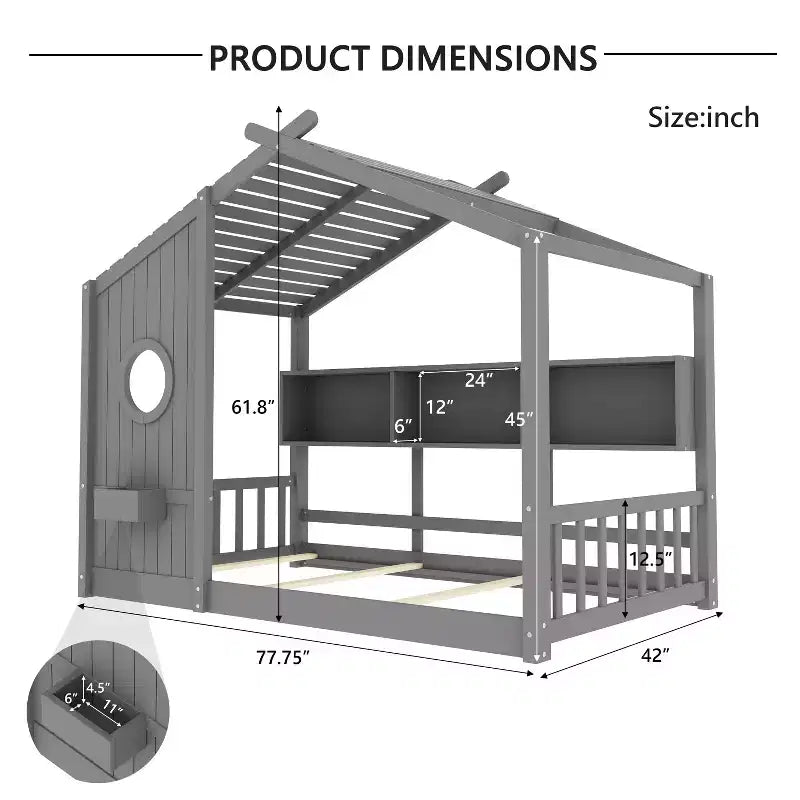 Lit cabane avec étagères, fenêtre et toit pour chambre d'enfant