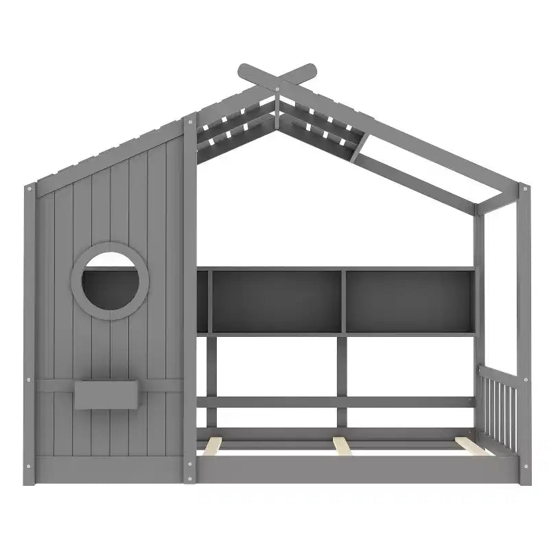 Lit cabane avec étagères, fenêtre et toit pour chambre d'enfant