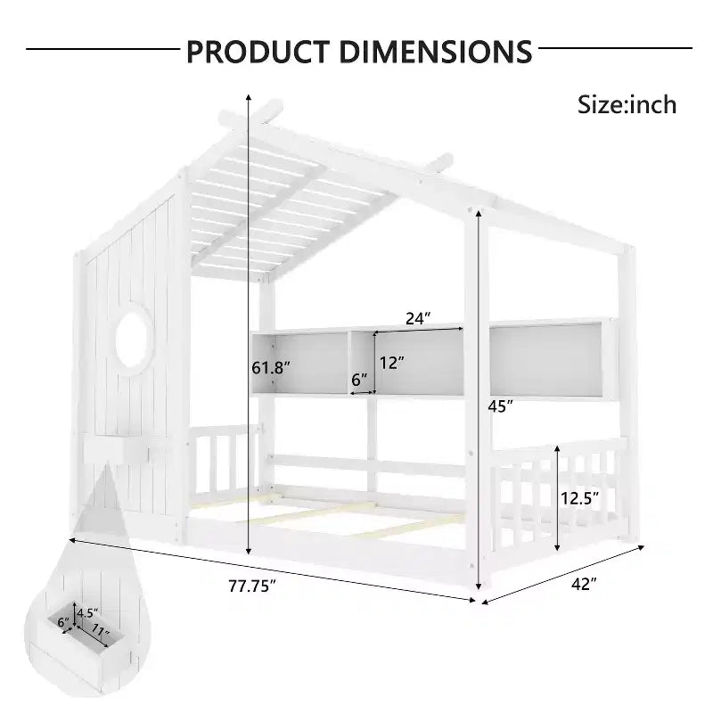 Lit cabane avec étagères, fenêtre et toit pour chambre d'enfant