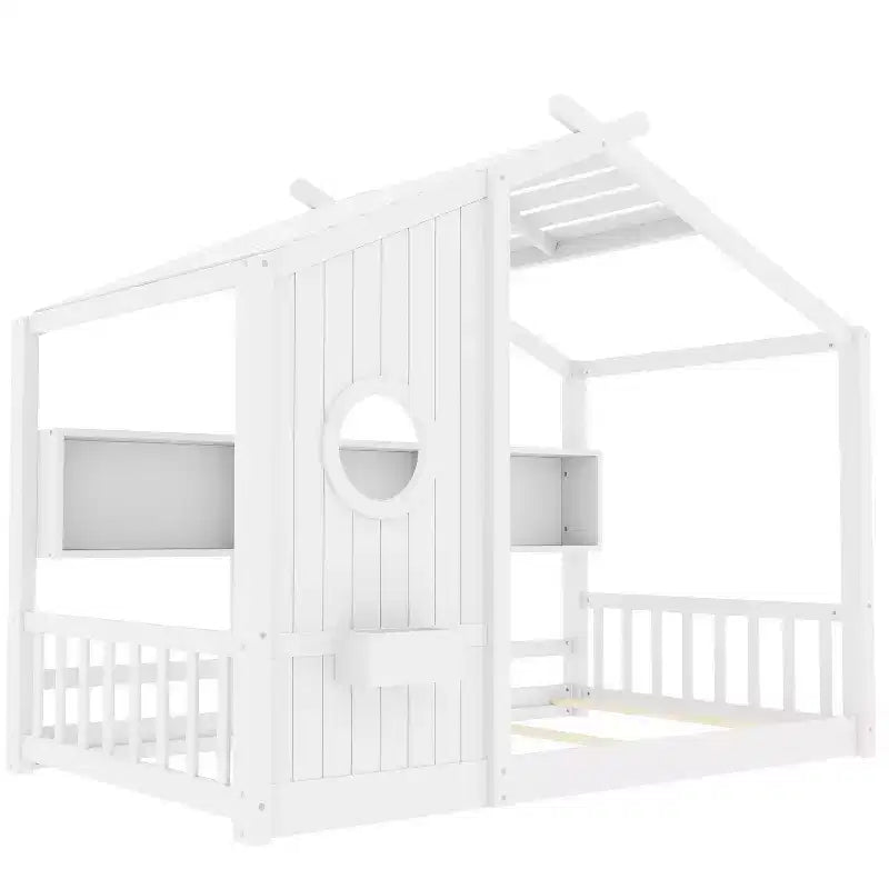 Lit cabane avec étagères, fenêtre et toit pour chambre d'enfant