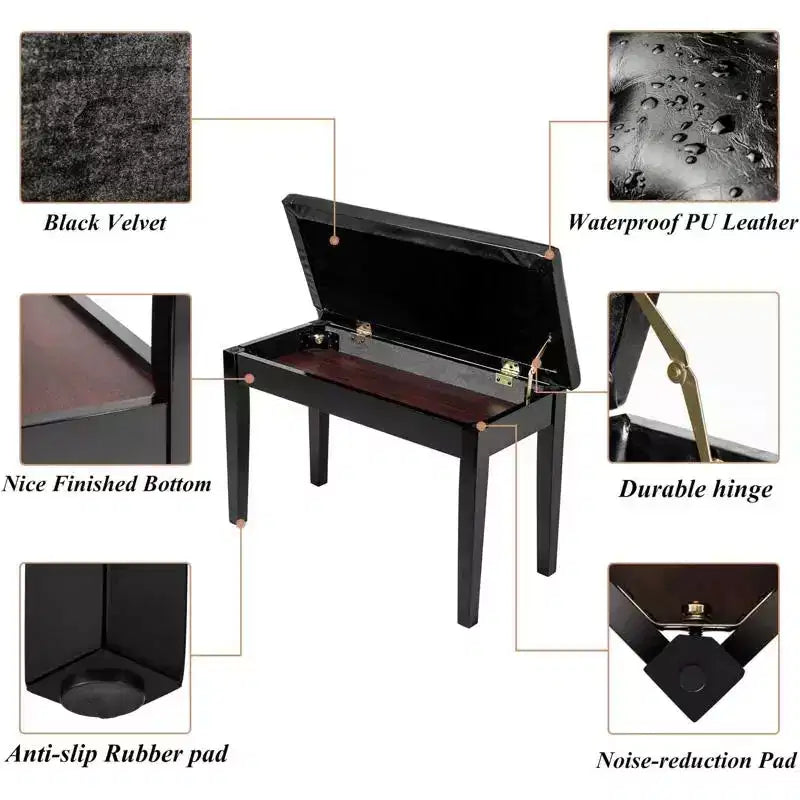 Banc de piano noir avec plateau boutonné et hauteur réglable