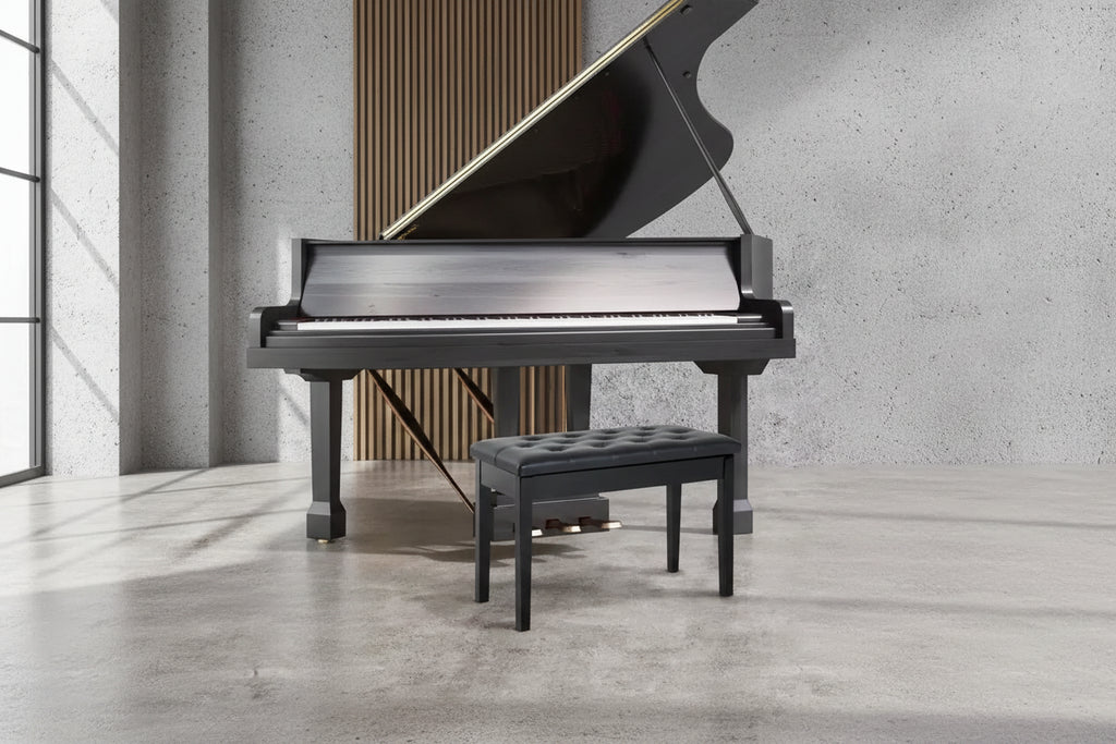 Banc de piano noir avec plateau boutonné et hauteur réglable