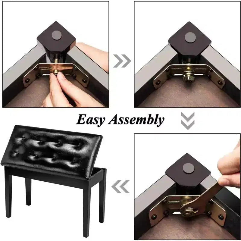 Banc de piano noir avec plateau boutonné et hauteur réglable