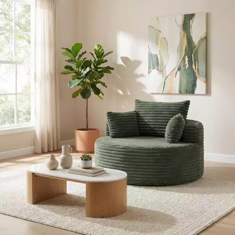 Fauteuil lounge rond, fauteuil d'appoint en velours côtelé avec assise profonde, canapé simple moderne et confortable pour salon, chambre, appartement