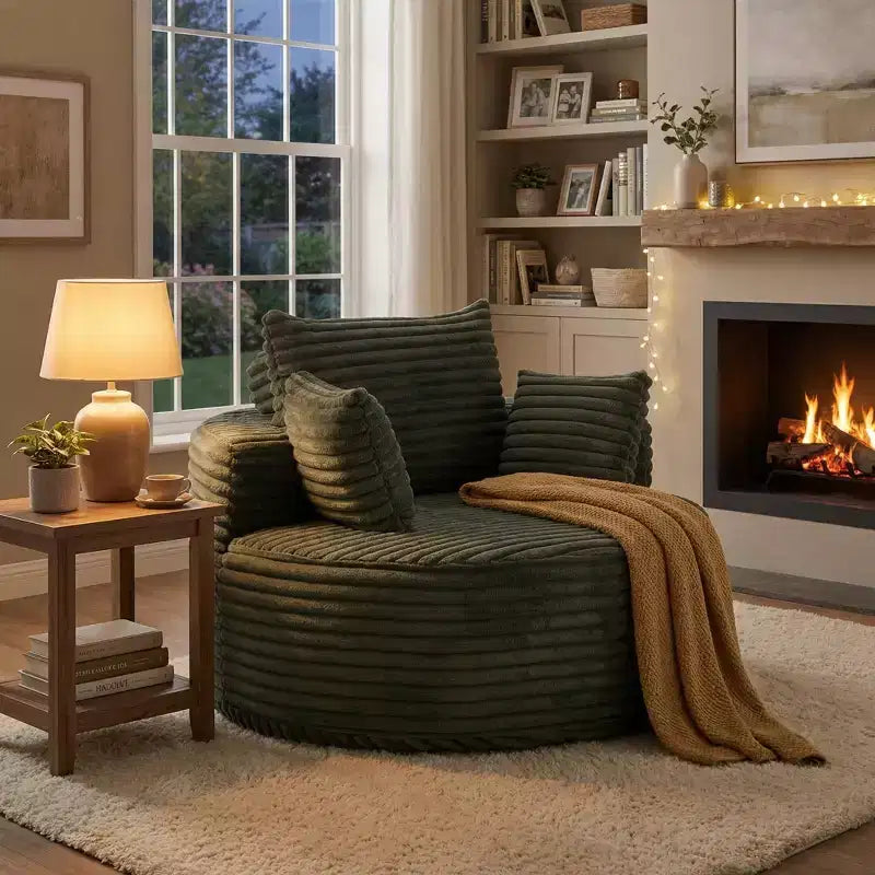 Fauteuil lounge rond, fauteuil d'appoint en velours côtelé avec assise profonde, canapé simple moderne et confortable pour salon, chambre, appartement