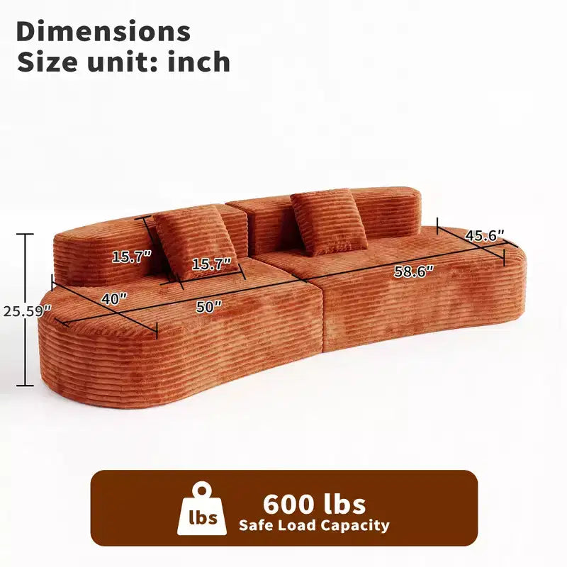 108.6 Canapé modulaire en velours côtelé, canapé moderne incurvé et rembourré avec assise profonde, canapé de salon confortable à profil bas pour appartement