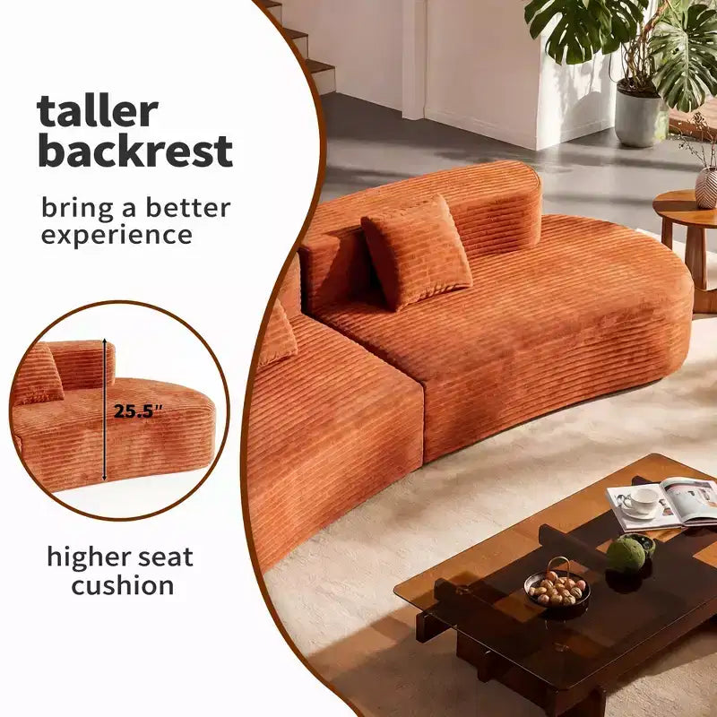 108.6 Canapé modulaire en velours côtelé, canapé moderne incurvé et rembourré avec assise profonde, canapé de salon confortable à profil bas pour appartement