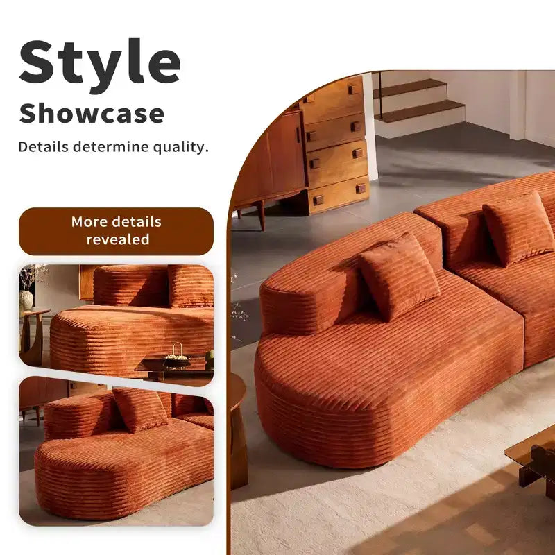 108.6 Canapé modulaire en velours côtelé, canapé moderne incurvé et rembourré avec assise profonde, canapé de salon confortable à profil bas pour appartement