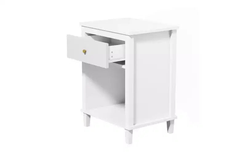 Table de chevet en bois de 68 cm de haut avec un tiroir et une étagère pour enfants et adultes, blanc + poignée dorée
