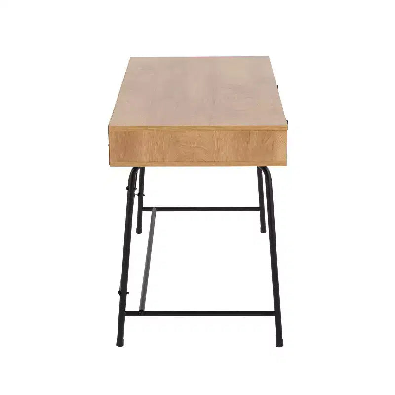 Bureau d'ordinateur en bois noir/marron : Cadre métallique robuste, plateau rectangulaire, tiroir de rangement