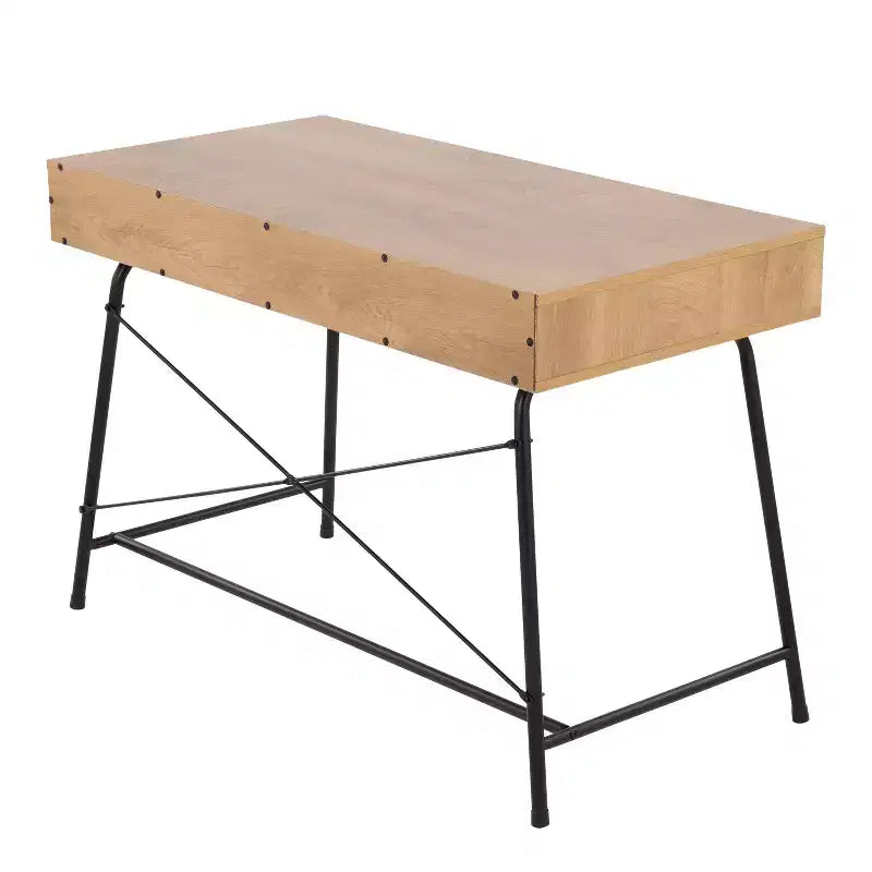 Bureau d'ordinateur en bois noir/marron : Cadre métallique robuste, plateau rectangulaire, tiroir de rangement