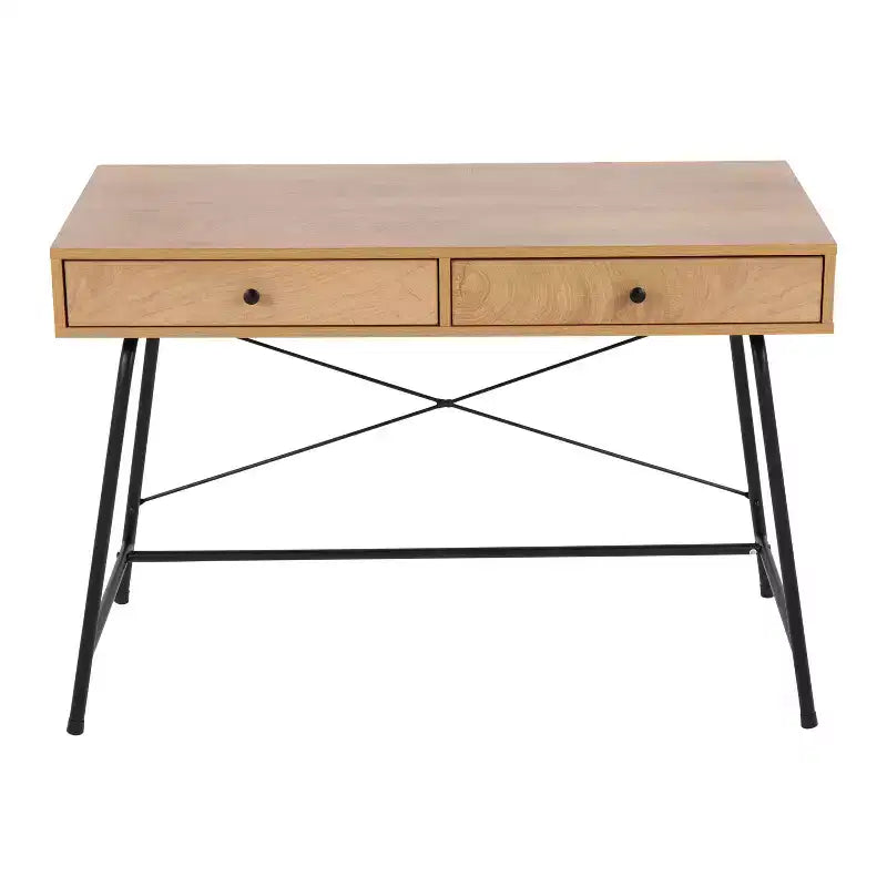 Bureau d'ordinateur en bois noir/marron : Cadre métallique robuste, plateau rectangulaire, tiroir de rangement