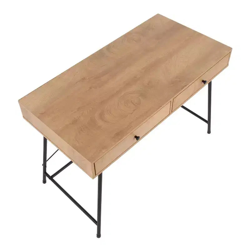 Bureau d'ordinateur en bois noir/marron : Cadre métallique robuste, plateau rectangulaire, tiroir de rangement