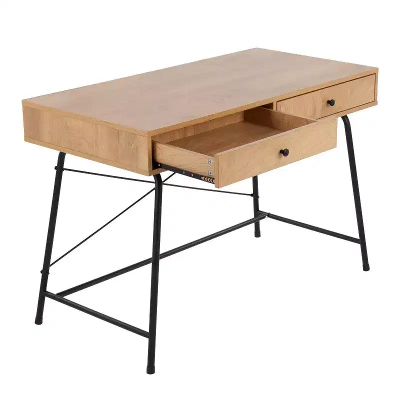 Bureau d'ordinateur en bois noir/marron : Cadre métallique robuste, plateau rectangulaire, tiroir de rangement