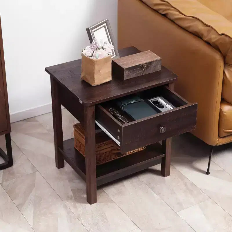 Table d'appoint avec tiroir, Table de chevet avec étagères supérieure et inférieure pour petits espaces, Marron foncé