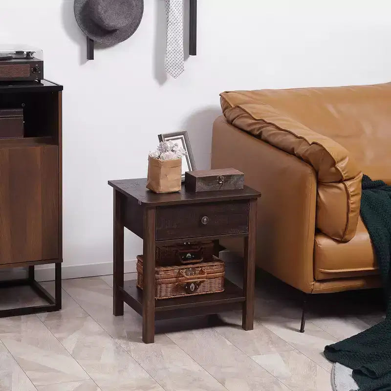Table d'appoint avec tiroir, Table de chevet avec étagères supérieure et inférieure pour petits espaces, Marron foncé