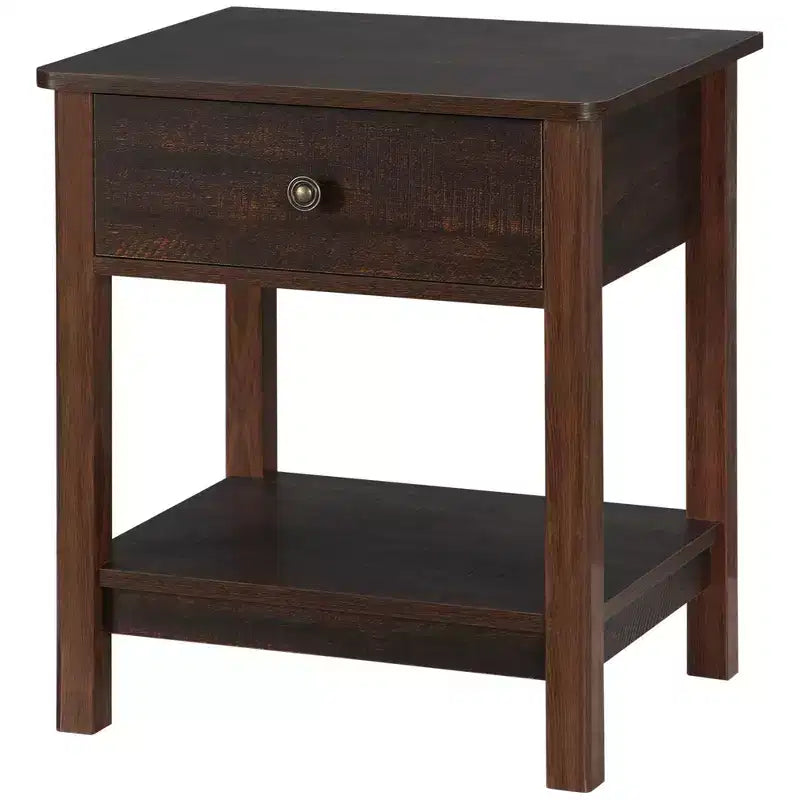 Table d'appoint avec tiroir, Table de chevet avec étagères supérieure et inférieure pour petits espaces, Marron foncé