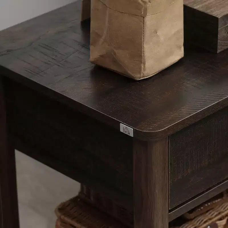 Table d'appoint avec tiroir, Table de chevet avec étagères supérieure et inférieure pour petits espaces, Marron foncé