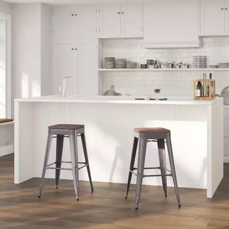 Tabouret de bar en métal gris laqué avec assise en bois d'orme texturé noyer