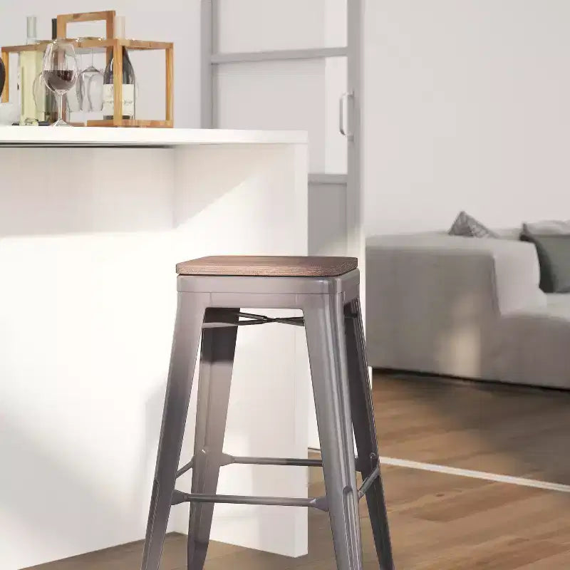 Tabouret de bar en métal gris laqué avec assise en bois d'orme texturé noyer