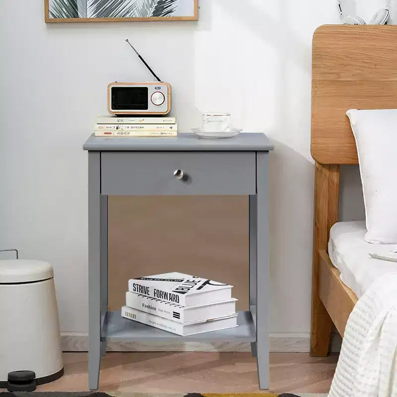 Table de chevet avec tiroir et étagère de rangement pour chambre à coucher, coloris blanc/marron/gris