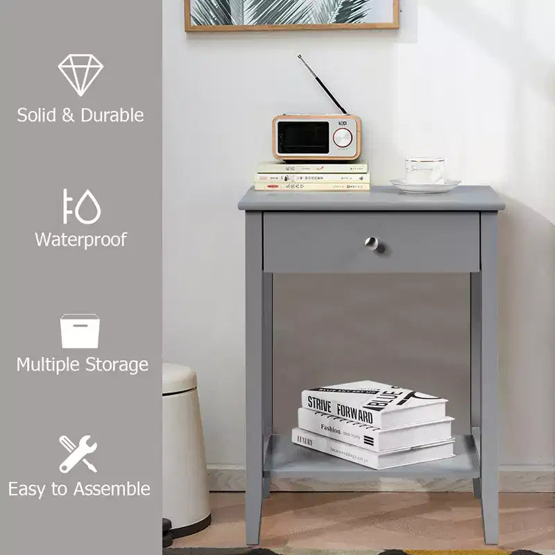 Table de chevet avec tiroir et étagère de rangement pour chambre à coucher, coloris blanc/marron/gris