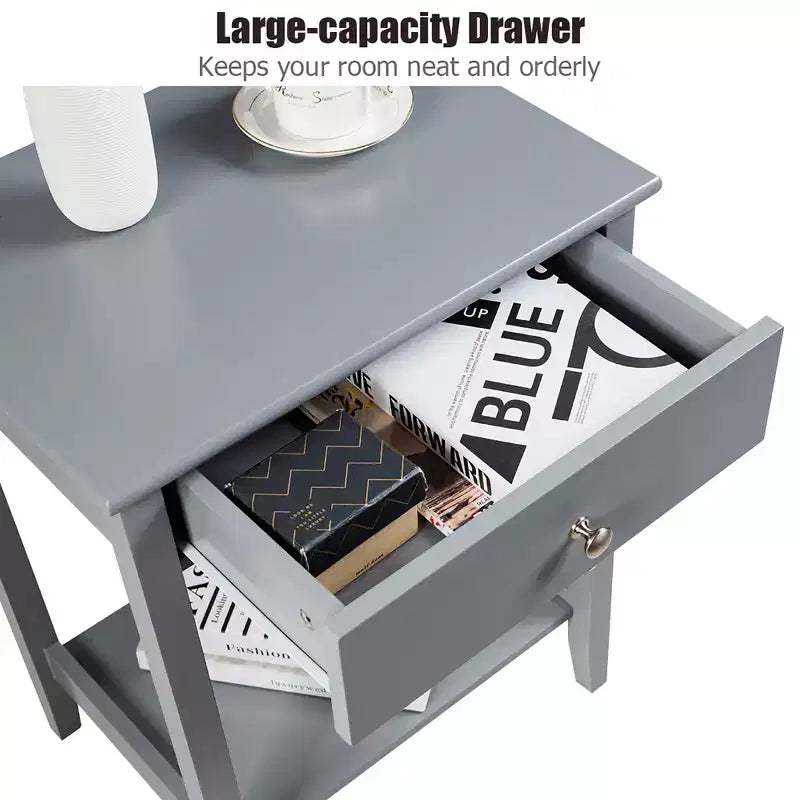 Table de chevet avec tiroir et étagère de rangement pour chambre à coucher, coloris blanc/marron/gris