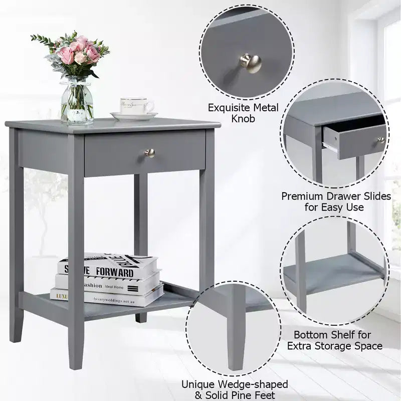 Table de chevet avec tiroir et étagère de rangement pour chambre à coucher, coloris blanc/marron/gris
