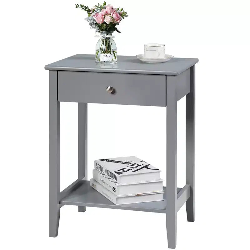 Table de chevet avec tiroir et étagère de rangement pour chambre à coucher, coloris blanc/marron/gris
