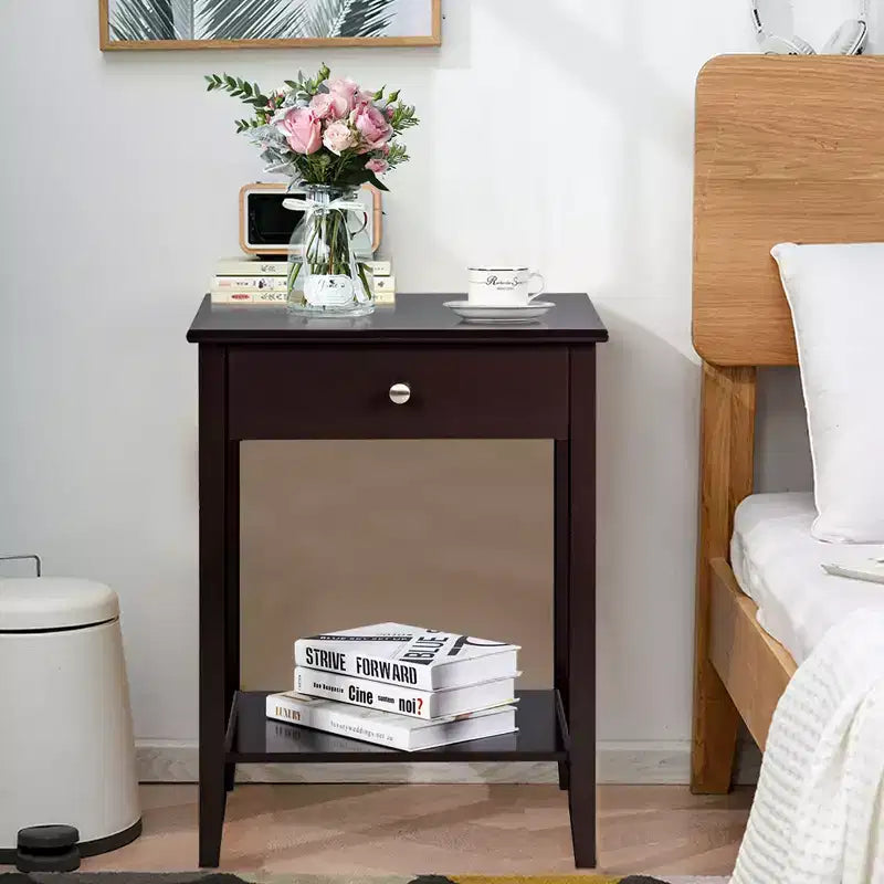 Table de chevet avec tiroir et étagère de rangement pour chambre à coucher, coloris blanc/marron/gris
