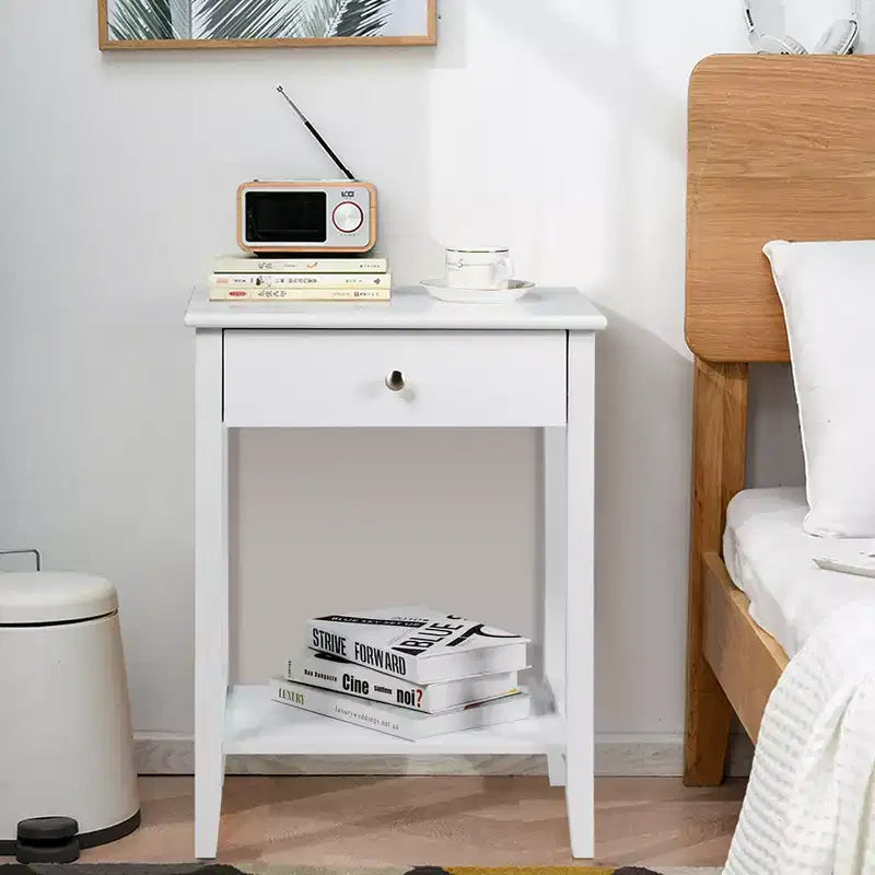 Table de chevet avec tiroir et étagère de rangement pour chambre à coucher, coloris blanc/marron/gris