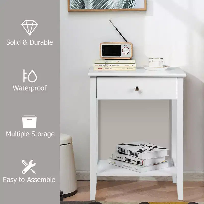 Table de chevet avec tiroir et étagère de rangement pour chambre à coucher, coloris blanc/marron/gris