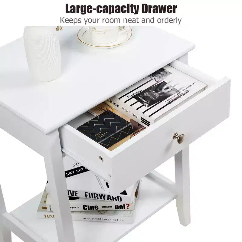 Table de chevet avec tiroir et étagère de rangement pour chambre à coucher, coloris blanc/marron/gris