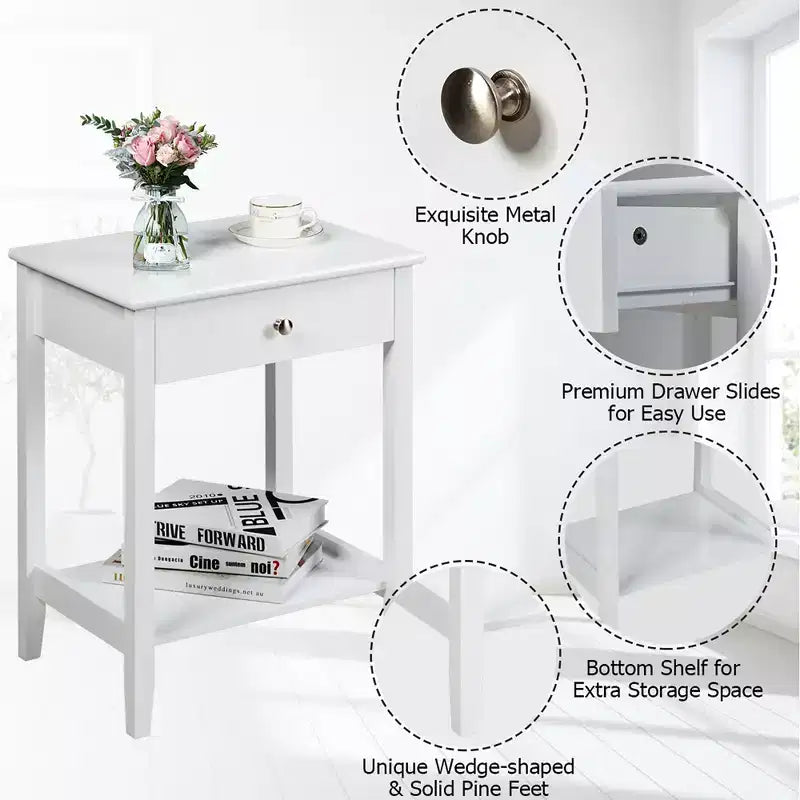 Table de chevet avec tiroir et étagère de rangement pour chambre à coucher, coloris blanc/marron/gris
