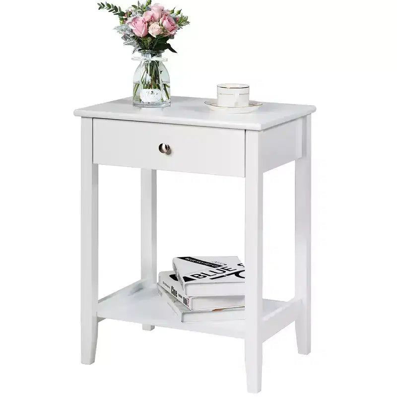 Table de chevet avec tiroir et étagère de rangement pour chambre à coucher, coloris blanc/marron/gris