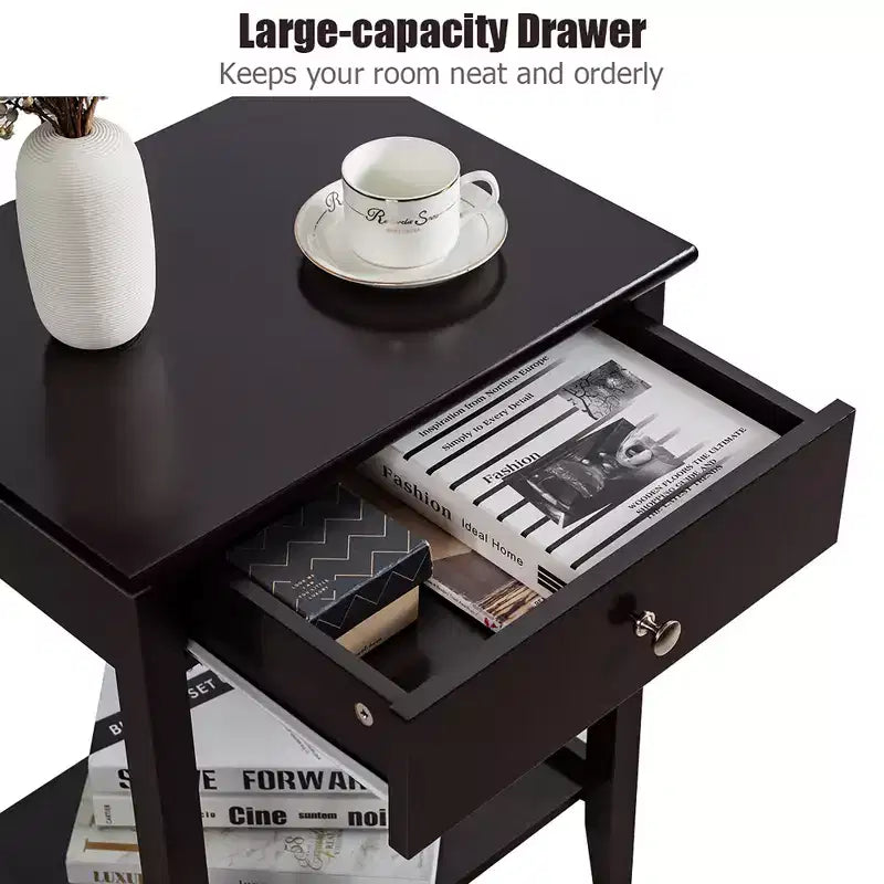 Table de chevet avec tiroir et étagère de rangement pour chambre à coucher, coloris blanc/marron/gris