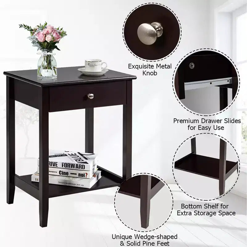 Table de chevet avec tiroir et étagère de rangement pour chambre à coucher, coloris blanc/marron/gris