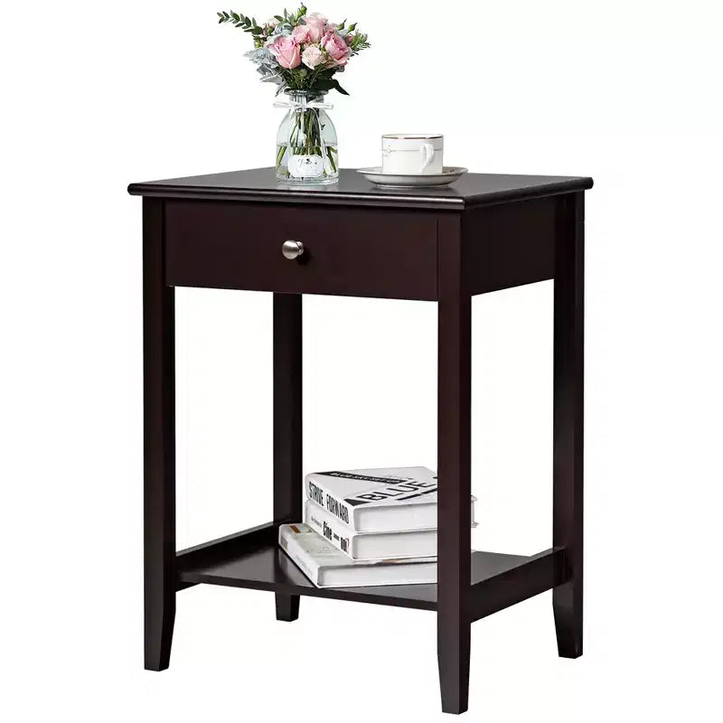 Table de chevet avec tiroir et étagère de rangement pour chambre à coucher, coloris blanc/marron/gris
