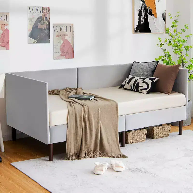 Lit de repos double en lin rembourré avec cadre en bois robuste pour salon, gris