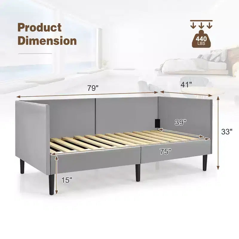 Lit de repos double en lin rembourré avec cadre en bois robuste pour salon, gris